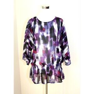 Retro Y2K Party CHICO'S Chiffon Top Sz. 1 (M / 8) White Blue Purple Abstract #02